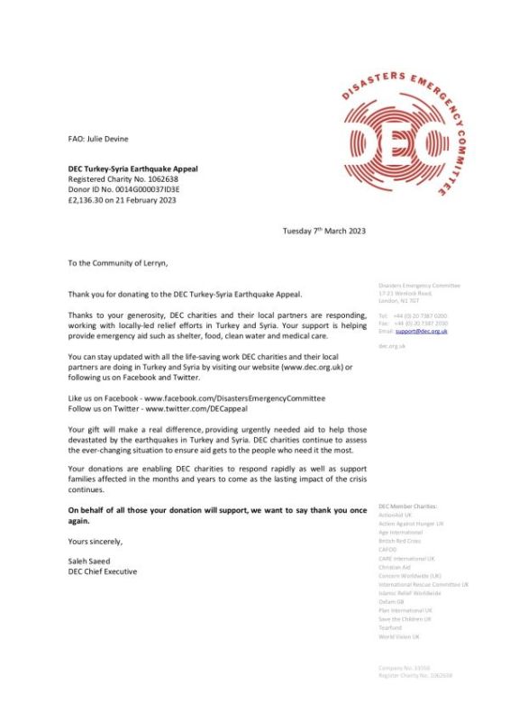Thank you letter from DEC Turkey-Syria earthquake appeal